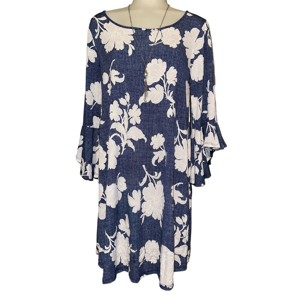 SJS Women’s Size Medium Dress Bell Sleeve Floral Stretch With Necklace